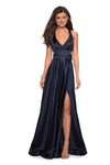 A-line V-neck Satin Natural Waistline Floor Length Halter Plunging Neck Sleeveless Slit Open-Back Back Zipper Pocketed Dress with a Brush/Sweep Train