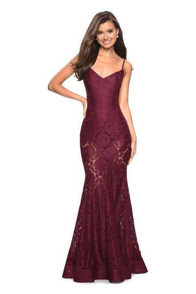 La Femme - 27584 V-neck Stretch Lace Trumpet Dress
