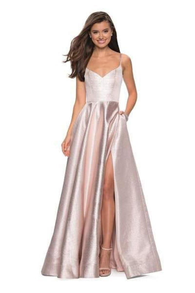 Tall Sexy A-line V-neck Floor Length Pocketed Slit Back Zipper Open-Back Natural Waistline Sleeveless Spaghetti Strap Metallic Dress