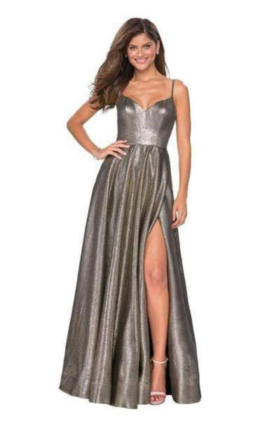 Tall Sexy A-line V-neck Floor Length Sleeveless Spaghetti Strap Natural Waistline Open-Back Back Zipper Slit Pocketed Metallic Dress