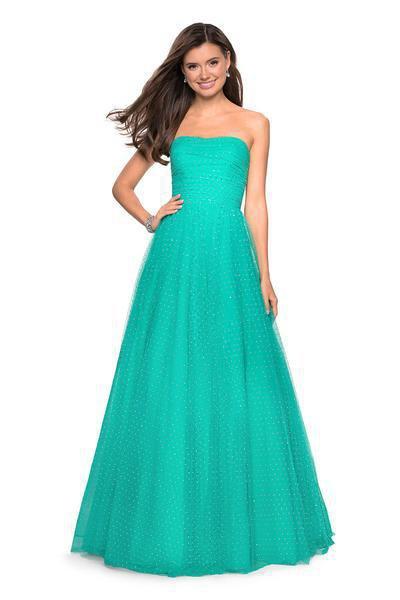 La Femme - 27630 Strapless Ruched Bodice Rhinestone Beaded Tulle Gown
