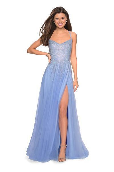 Sophisticated A-line V-neck Floor Length Tulle Natural Waistline Sleeveless Fitted Slit Open-Back Pocketed Back Zipper Dress With Rhinestones