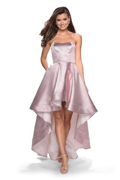 Tall A-line Strapless High-Low-Hem Natural Waistline Pocketed Fitted Back Zipper Sweetheart Metallic Dress with a Brush/Sweep Train