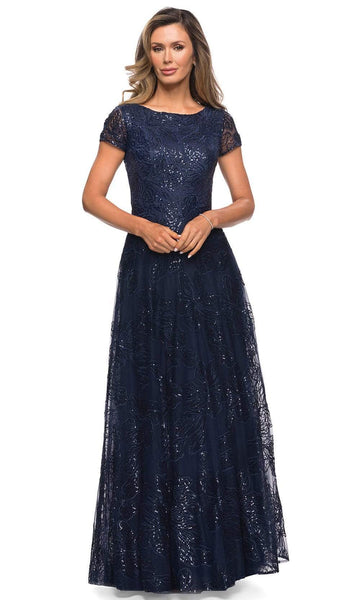 A-line Pocketed Sequined Fitted Back Zipper Floor Length Lace Bateau Neck Short Sleeves Sleeves Natural Waistline Mother-of-the-Bride Dress