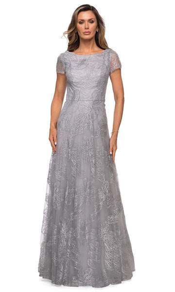 A-line Bateau Neck Floor Length Natural Waistline Lace Short Sleeves Sleeves Fitted Pocketed Sequined Back Zipper Mother-of-the-Bride Dress