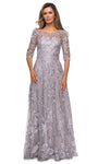 Sophisticated Modest A-line Bateau Neck Lace Floral Print Floor Length Flowy Back Zipper Sheer Embroidered Illusion 3/4 Flutter Sleeves Natural Waistline Dress