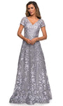 Sophisticated Modest A-line V-neck Lace Sheer Short Sleeves Sleeves Back Zipper Flowy Illusion Natural Waistline Floral Print Dress
