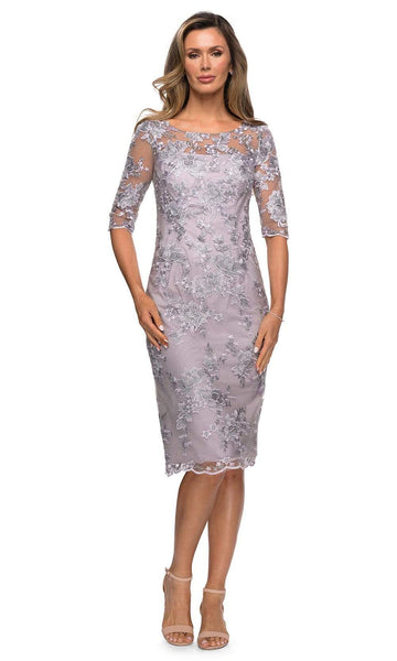 Modest Back Zipper Sheer Illusion Fitted Bateau Neck Scoop Neck Lace Cocktail Above the Knee Sheath Natural Waistline Floral Print 3/4 Sleeves Sheath Dress