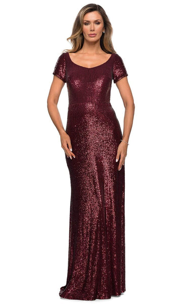 Sophisticated Floor Length Scoop Neck Sheath Back Zipper Sequined Fitted Short Sleeves Sleeves Natural Waistline Sheath Dress/Evening Dress/Mother-of-the-Bride Dress