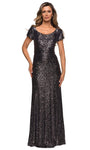 Sophisticated Floor Length Sheath Short Sleeves Sleeves Sequined Fitted Back Zipper Scoop Neck Natural Waistline Sheath Dress/Evening Dress/Mother-of-the-Bride Dress