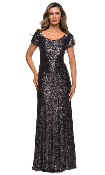 Sophisticated Scoop Neck Floor Length Natural Waistline Sheath Short Sleeves Sleeves Sequined Back Zipper Fitted Sheath Dress/Evening Dress/Mother-of-the-Bride Dress