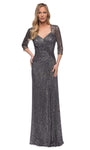 V-neck Floor Length 3/4 Sleeves Natural Waistline Sequined Ruched Back Zipper Fitted Sheath Sheath Dress/Evening Dress