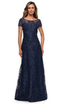 Modest A-line Bateau Neck Lace Floor Length Sheer Back Zipper Mesh Beaded Fitted Illusion Crystal Floral Print Natural Waistline Short Sleeves Sleeves Dress With Rhinestones