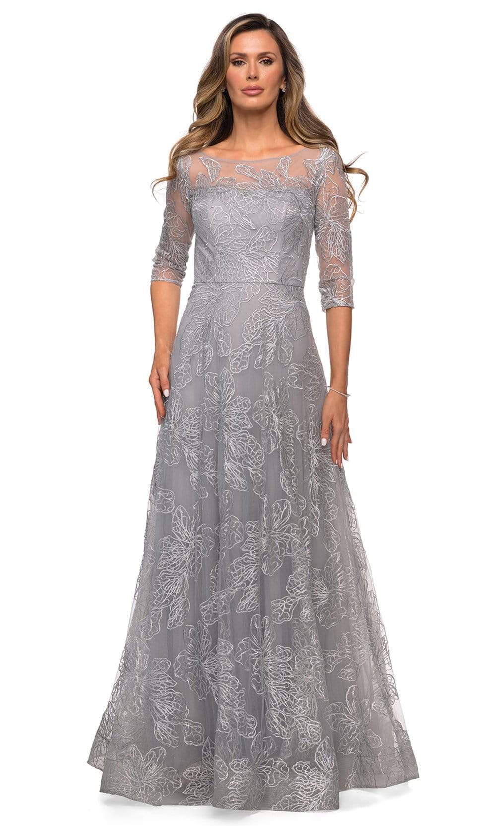 La Femme - 27942 Quarter Sleeve Sequined Lace A-Line Dress
