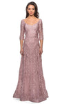 A-line V-neck Elbow Length Sleeves Floor Length Lace Back Zipper Fitted Embroidered Natural Waistline Dress With a Ribbon