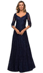 A-line V-neck Fitted Embroidered Back Zipper Elbow Length Sleeves Natural Waistline Lace Floor Length Dress With a Ribbon