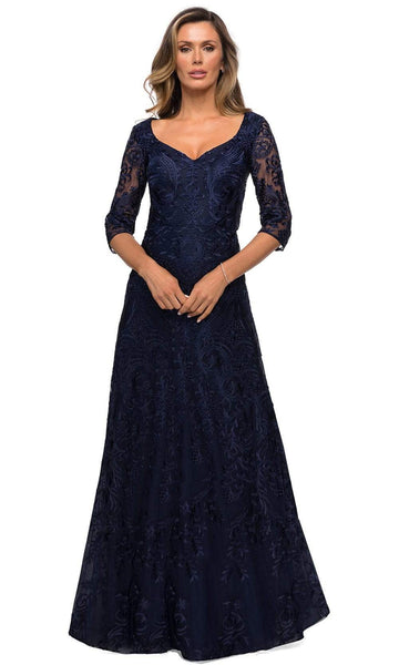 A-line V-neck Floor Length Lace Natural Waistline Elbow Length Sleeves Embroidered Back Zipper Fitted Dress With a Ribbon