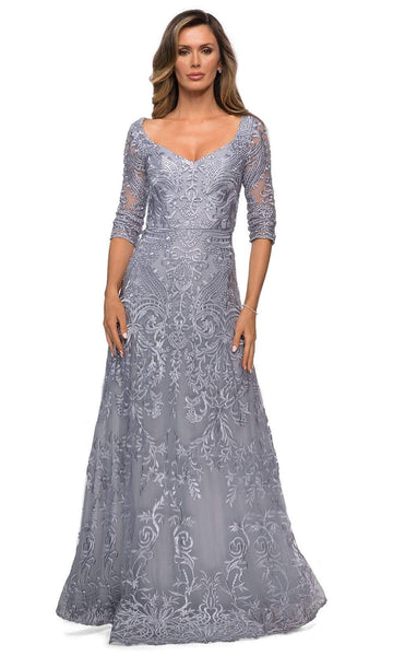 A-line V-neck Elbow Length Sleeves Embroidered Back Zipper Fitted Floor Length Lace Natural Waistline Dress With a Ribbon