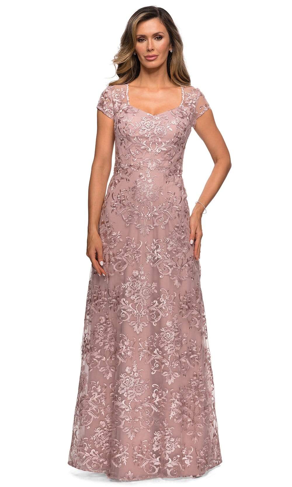 La Femme - 27951 Lace V Neck Sheath Mother of the Bride Dress
