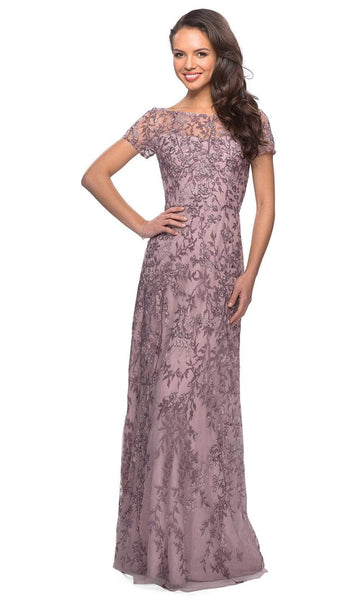 Floral Print Sheath Short Sleeves Sleeves Bateau Neck Back Zipper Fitted Beaded Illusion Floor Length Lace Natural Waistline Sheath Dress/Evening Dress/Mother-of-the-Bride Dress