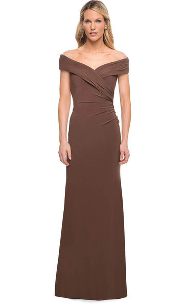 Modest Jersey Off the Shoulder Floor Length Natural Waistline Shirred Slit Wrap Gathered Fitted Back Zipper Pleated Sheath Sheath Dress