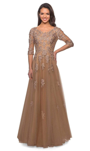 A-line V-neck Elbow Length Sleeves Back Zipper Embroidered Natural Waistline Floral Print Tulle Floor Length Evening Dress with a Brush/Sweep Train