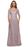 Modest A-line Floral Print Lace Natural Waistline Back Zipper Illusion Flowy Sheer Bateau Neck Mother-of-the-Bride Dress