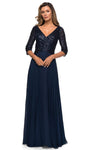 Modest A-line V-neck Chiffon 3/4 Sleeves Fitted Back Zipper Pleated Sequined V Back Flowy Natural Waistline Floor Length Evening Dress/Mother-of-the-Bride Dress