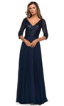 Modest A-line V-neck Chiffon Floor Length Natural Waistline 3/4 Sleeves Back Zipper Pleated Flowy V Back Fitted Sequined Evening Dress/Mother-of-the-Bride Dress