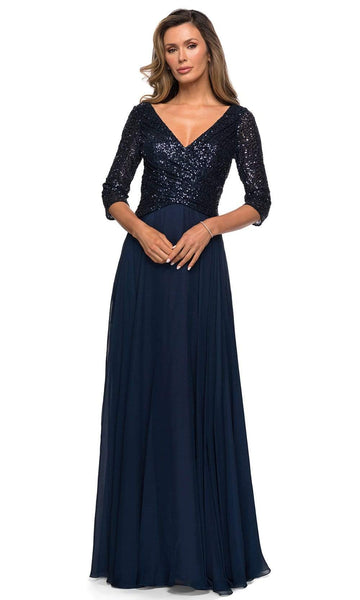 Modest A-line V-neck Chiffon 3/4 Sleeves Fitted Back Zipper Pleated Sequined V Back Flowy Natural Waistline Floor Length Evening Dress/Mother-of-the-Bride Dress