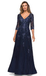 Sophisticated Modest A-line V-neck Floral Print Lace Natural Waistline Illusion Fitted Back Zipper Applique Beaded 3/4 Sleeves Floor Length Evening Dress/Mother-of-the-Bride Dress