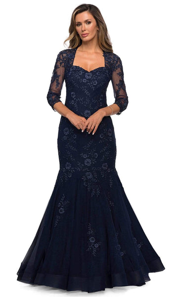 Floor Length Embroidered Fitted Back Zipper Sheer Sheer 3/4 Sleeves Fit-and-Flare Mermaid Natural Waistline Floral Print Square Neck Sweetheart Lace Evening Dress