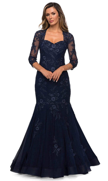 Fit-and-Flare Mermaid Lace Sheer 3/4 Sleeves Square Neck Sweetheart Natural Waistline Sheer Embroidered Back Zipper Fitted Floor Length Floral Print Evening Dress