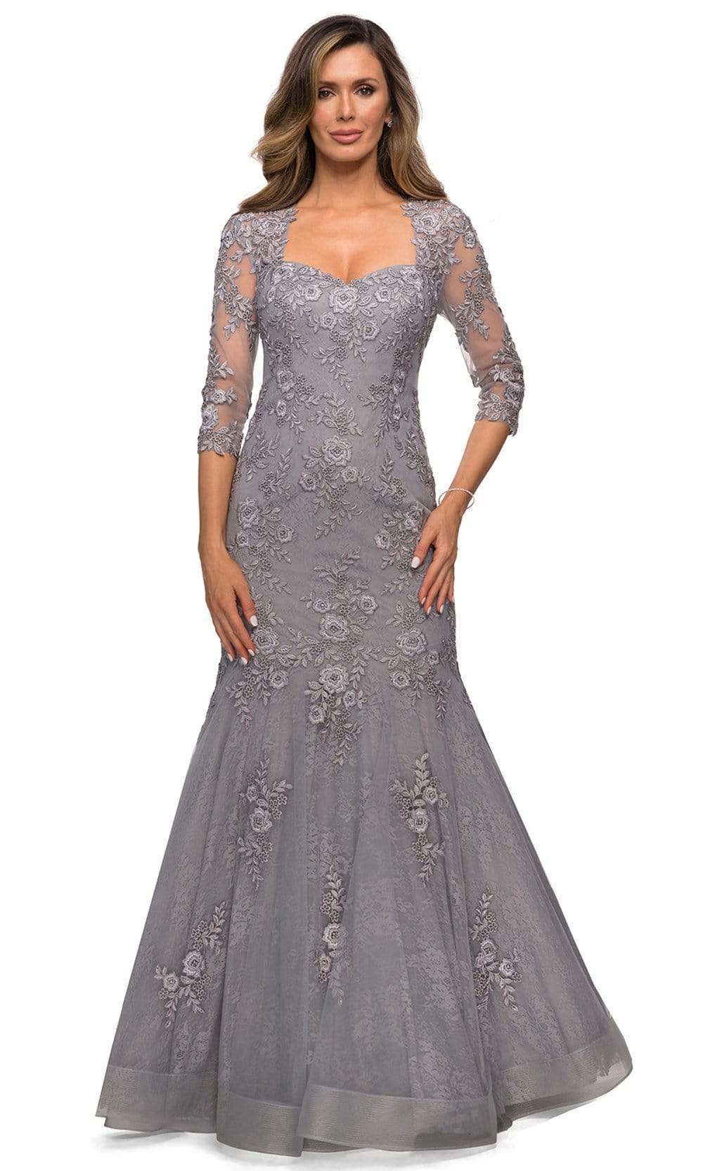 La Femme - 28033 Quarter Sleeves Floral Lace Mermaid Gown
