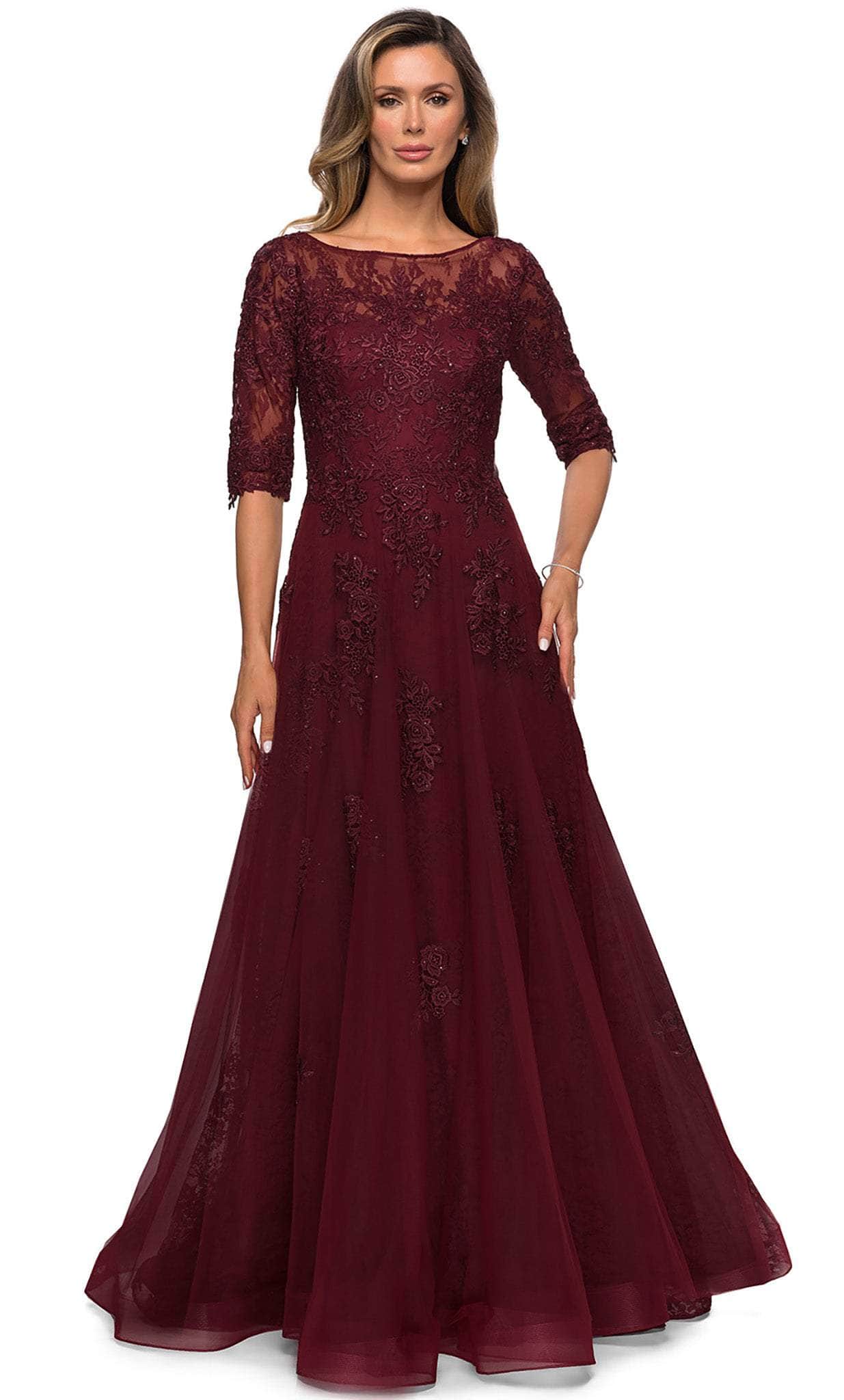La Femme - 28036 Quarter Length Sleeve Floral Lace A-Line Gown
