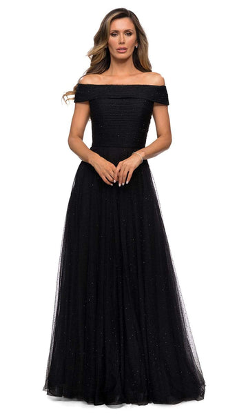 A-line Off the Shoulder Flared-Skirt Natural Waistline Floor Length Glittering Fitted Pleated Crystal Beaded Back Zipper Ruched Tulle Evening Dress With Rhinestones