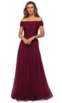 A-line Off the Shoulder Natural Waistline Flared-Skirt Beaded Ruched Pleated Back Zipper Glittering Crystal Fitted Floor Length Tulle Evening Dress With Rhinestones