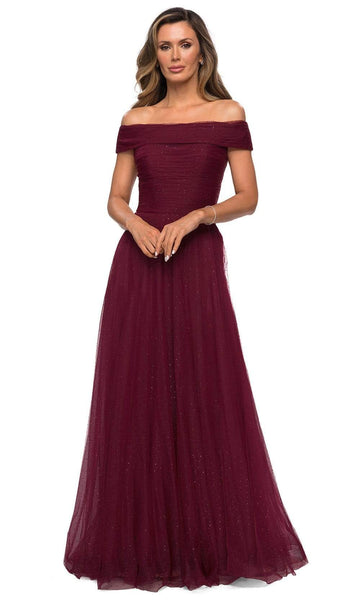 A-line Off the Shoulder Natural Waistline Tulle Floor Length Ruched Fitted Crystal Glittering Back Zipper Pleated Beaded Flared-Skirt Evening Dress With Rhinestones