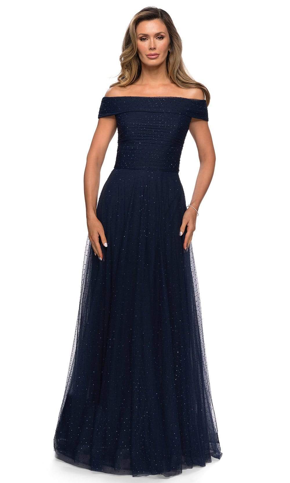 La Femme - 28051 Crystal Beaded Tulle Off Shoulder A-Line Gown
