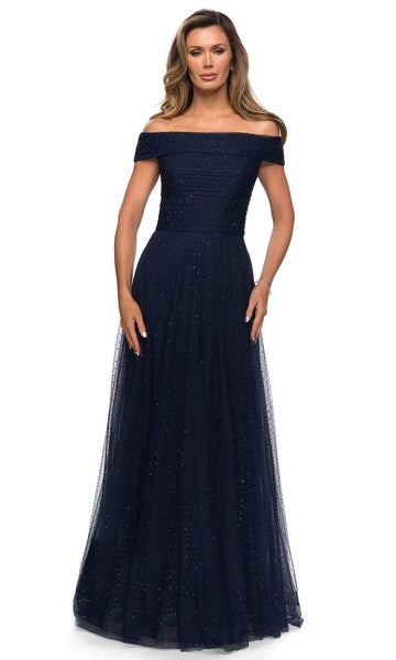 A-line Natural Waistline Flared-Skirt Off the Shoulder Glittering Fitted Crystal Beaded Ruched Back Zipper Pleated Floor Length Tulle Evening Dress With Rhinestones