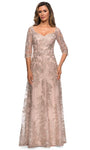 Sophisticated A-line V-neck Lace Sheer Fitted Floor Length 3/4 Sleeves Natural Waistline Dress
