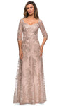 Sophisticated A-line V-neck Floor Length Natural Waistline Sheer Fitted Lace 3/4 Sleeves Dress