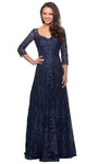 Sophisticated A-line V-neck Sheer Fitted Floor Length Lace 3/4 Sleeves Natural Waistline Dress