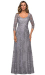 Sophisticated A-line V-neck Lace Natural Waistline Floor Length 3/4 Sleeves Fitted Sheer Dress