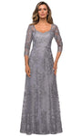 Sophisticated A-line V-neck Natural Waistline Lace Floor Length 3/4 Sleeves Sheer Fitted Dress