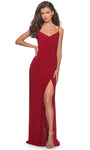 V-neck Ruched Slit Back Zipper Cutout Natural Waistline Bandeau Neck Spaghetti Strap Sheath Jersey Sheath Dress with a Brush/Sweep Train