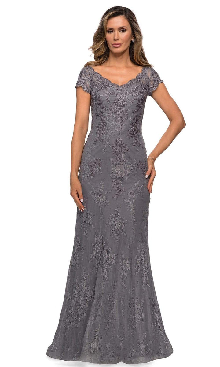 La Femme - 28099 V Neck Floral Lace Trumpet Evening Dress – Couture Candy