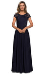 A-line Floor Length Fitted Pleated Back Zipper Sheer Cap Sleeves Natural Waistline Jeweled Neck Dress