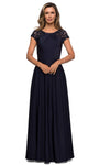 A-line Floor Length Jeweled Neck Pleated Back Zipper Sheer Fitted Cap Sleeves Natural Waistline Dress