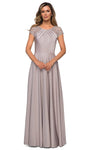 A-line Sheer Pleated Back Zipper Fitted Cap Sleeves Natural Waistline Floor Length Jeweled Neck Dress